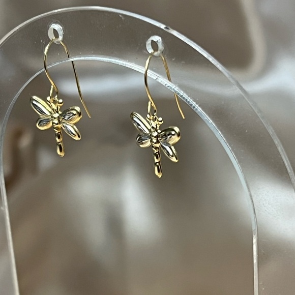 Vintage 14K Yellow Gold White Gold Dragonfly Drop Dangle Earrings Lightweight - Picture 3 of 9